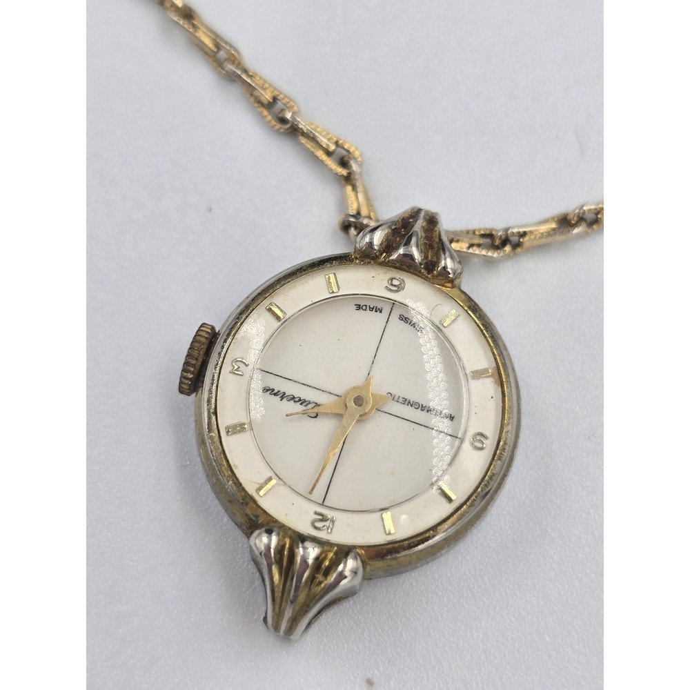 Vintage Lucerne Swiss Made Antimagnetic Pendant Watch Necklace Gold Tone Chain
